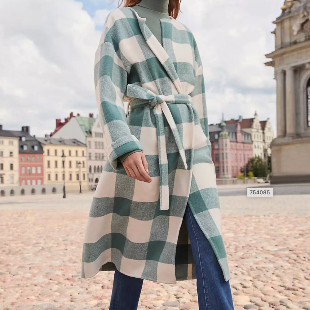 LOFT Plaid Belted Wrap Jacket M/L Green Ivory Buffalo Check Wool Blend